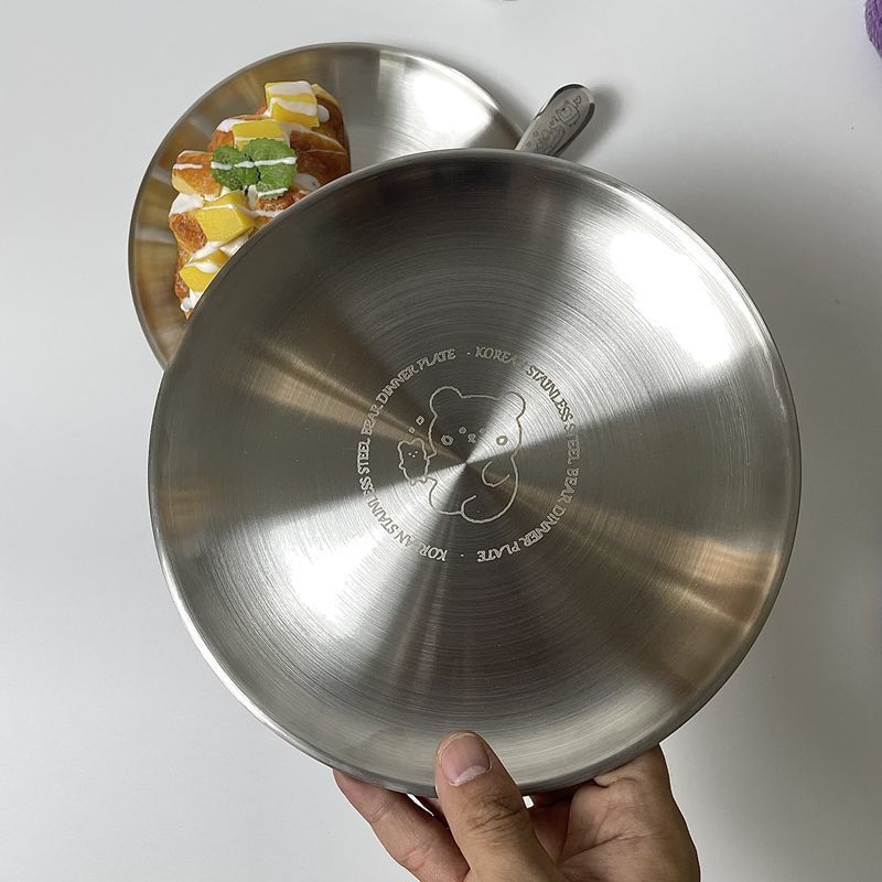Korean-style InS-style bear stainless steel plate, round plate, multi-functional plate, barbecue plate, tray, cute picnic plate pic 5