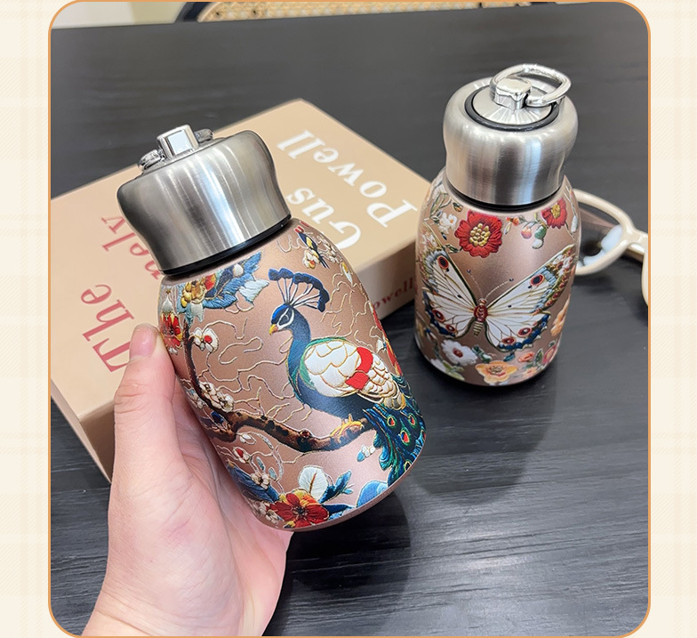小胖丁国潮复古金蝴蝶孔雀便捷女士提环创意高颜值保温时尚礼品杯详情19
