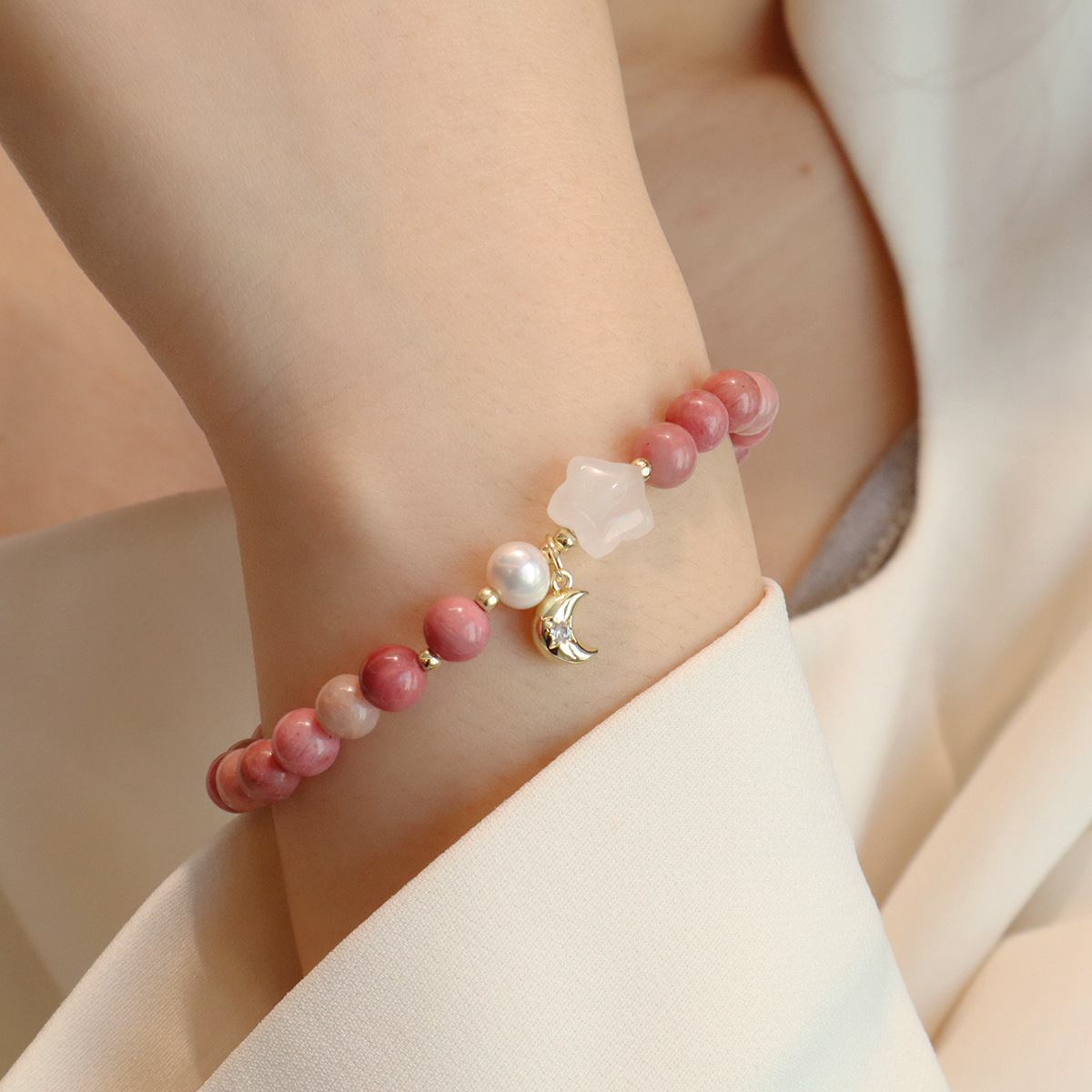 红纹石手链天然淡水珍珠玉髓高级感天然石手串女平安扣星星设计详情20