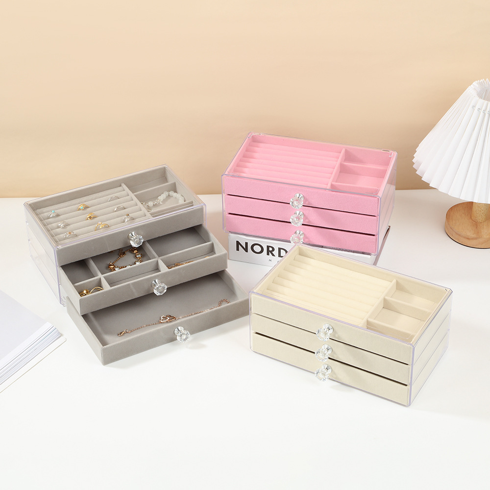 三层三抽首饰盒桌面防氧化耳钉项链戒指收纳盒高档绒布防尘饰品盒详情4