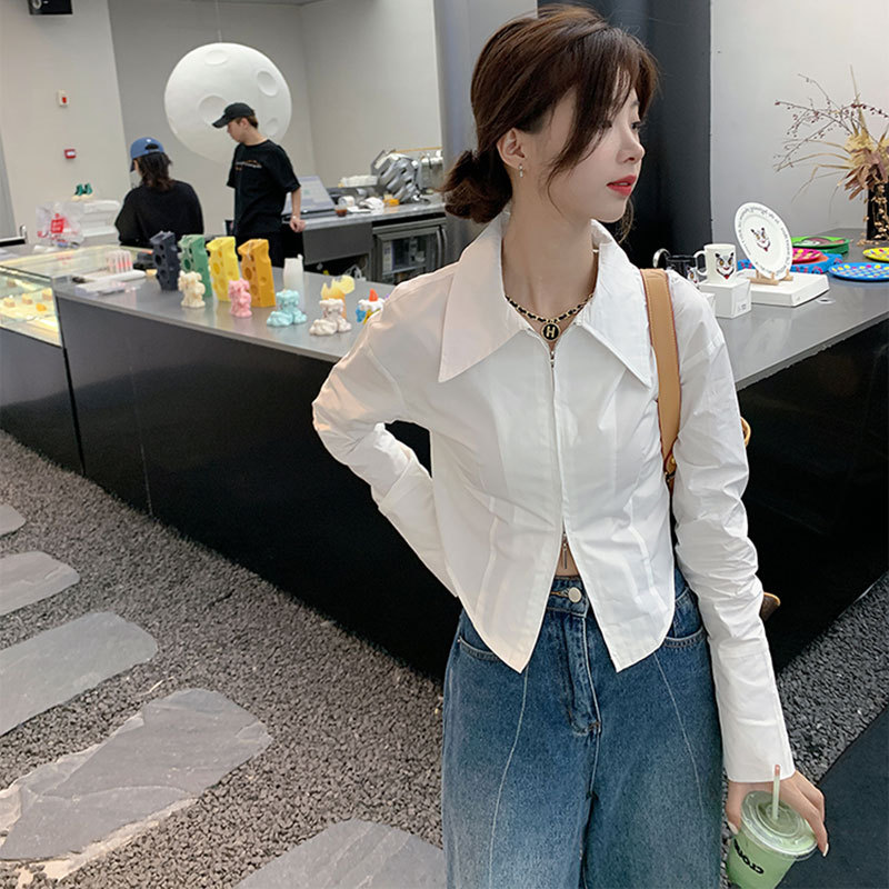 法式气质拉链白色衬衫女春季设计感短款别致上衣内搭打底长袖衬衣详情26