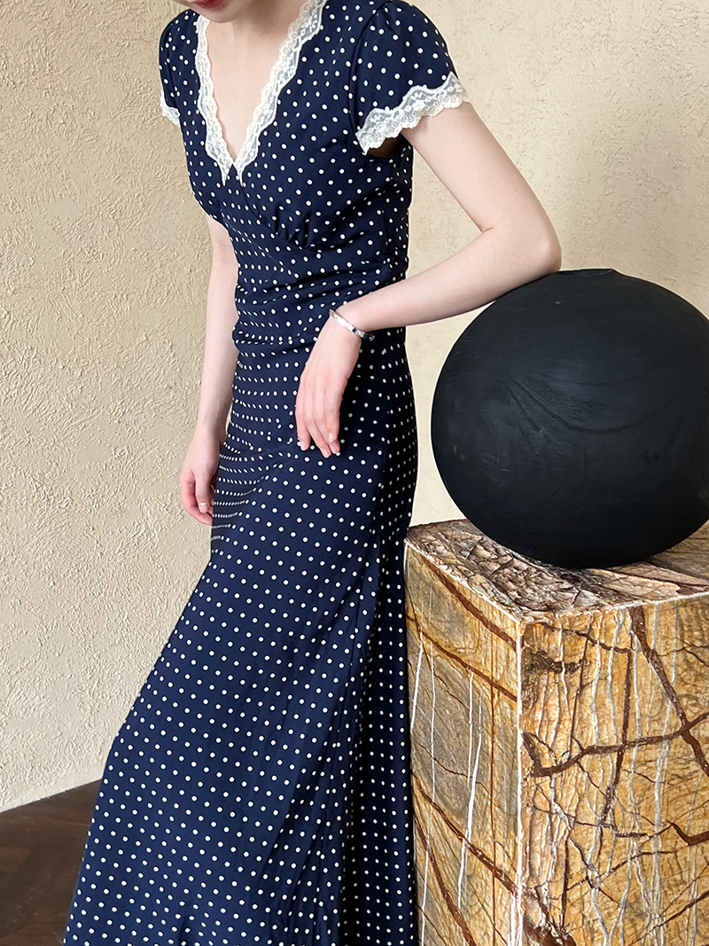 鹿西 法式蕾丝花边拼接连衣裙夏季V领气质波点收腰显瘦长裙子8677详情24