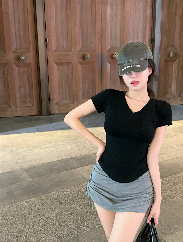 T恤女2024夏季新款v领设计感内搭打底衫不规则辣妹欲风短袖上衣详情25