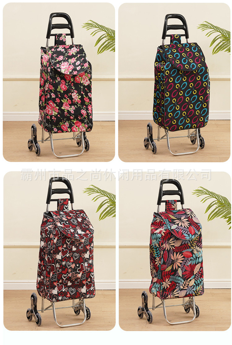 Large flower shopping cart, crystal stair climbing supermarket shopping cart, elderly grocery shopping cart, stair climbing small hand trolley, cloth bag handle pic 12