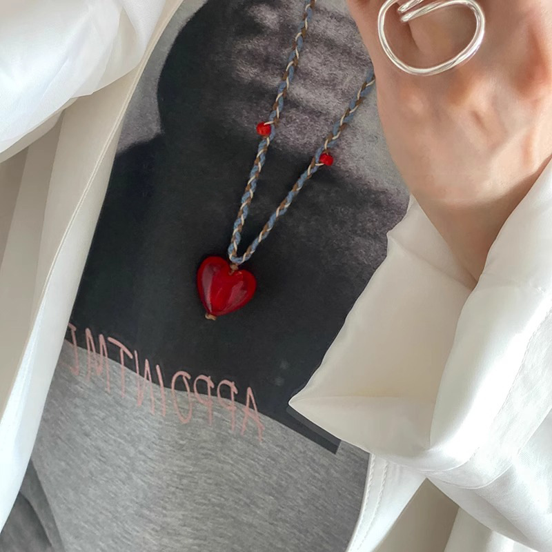 复古老琉璃彩绳编织红色爱心天然石吊坠项链女士长款毛衣链多巴胺详情6