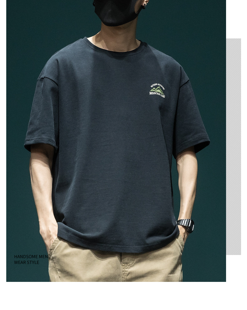 夏季美式复古重磅大印花短袖t恤男宽松大码ins潮流绿色体恤上衣男详情9