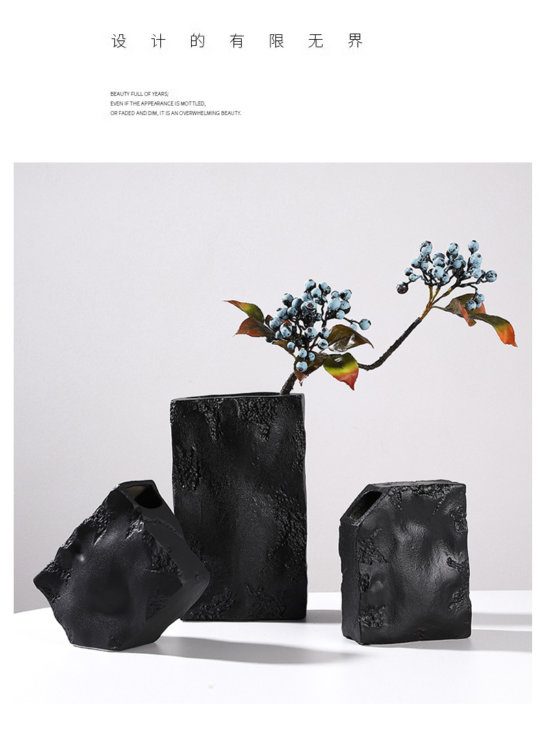 2025 High-end black and white texture square stone vase combination display, living room wine cabinet, dried flower arrangement, soft decoration handicraft pic 7