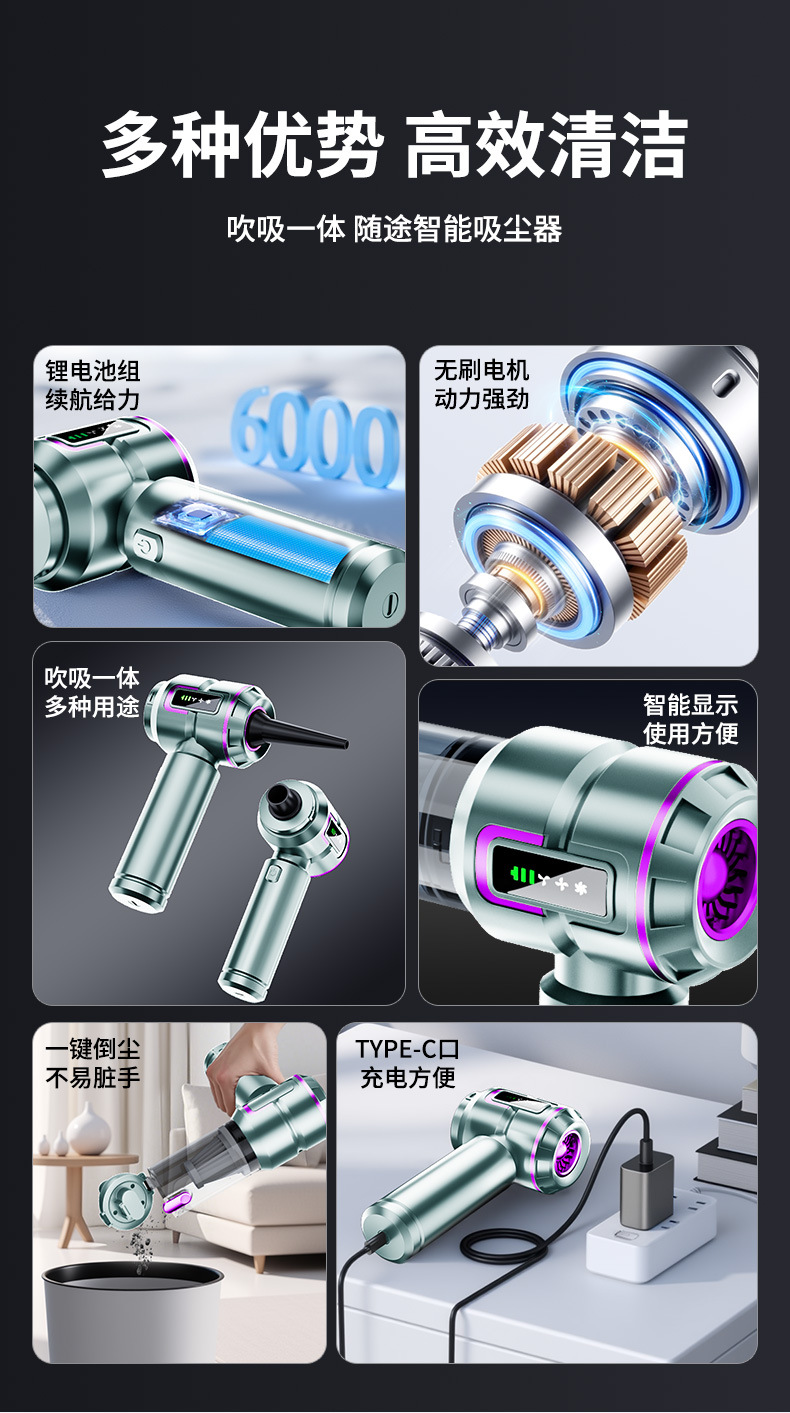 车载吸尘器无线除尘器手持大吸力吹吸两用大功率汽车吸尘器吸尘机详情6