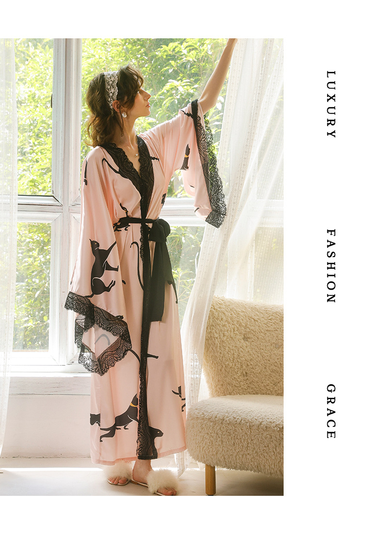 Feiyun retro leopard print lace patchwork sexy long bathrobe Pink silk lace-up Home gown 943 pic 9