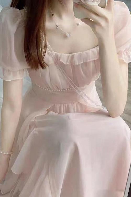 法式甜美温柔风粉色仙长裙夏季新款大码胖MM收腰显瘦雪纺连衣裙女详情2