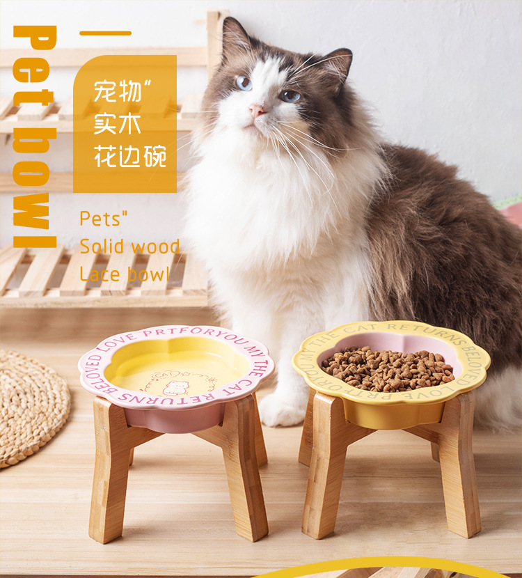 花边猫碗防黑下巴猫罐头食盆陶瓷狗粮碗猫咪防打翻喂水碗高脚木架详情1