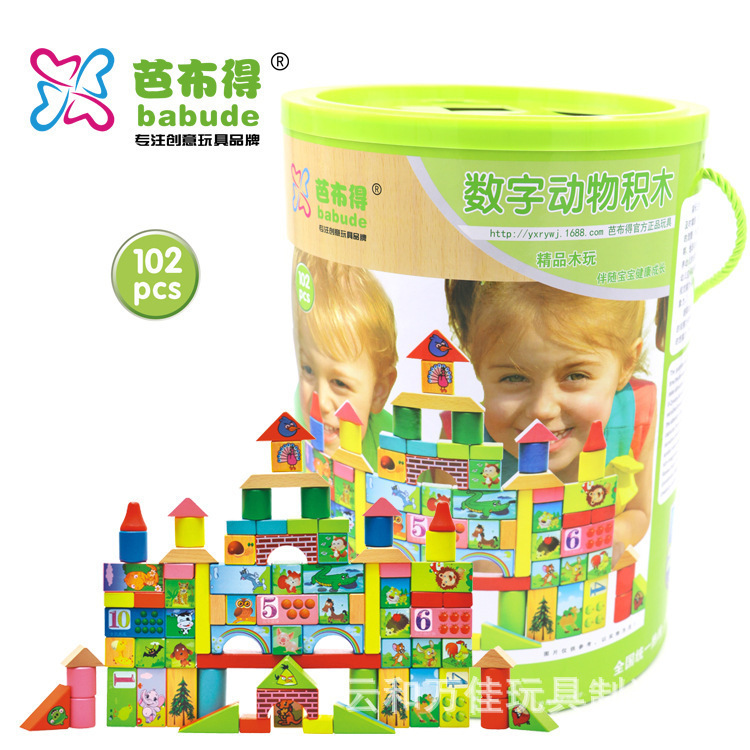 宝宝启蒙diy拼装玩具102粒森林动物儿童早教桶装木制积木玩具批发详情2