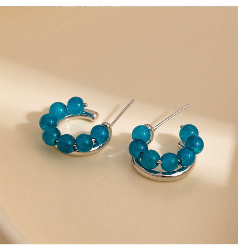 Retro ins style, niche, fair and high-end, versatile earrings, Caucasian green double-ring natural stone beaded earrings for women pic 29