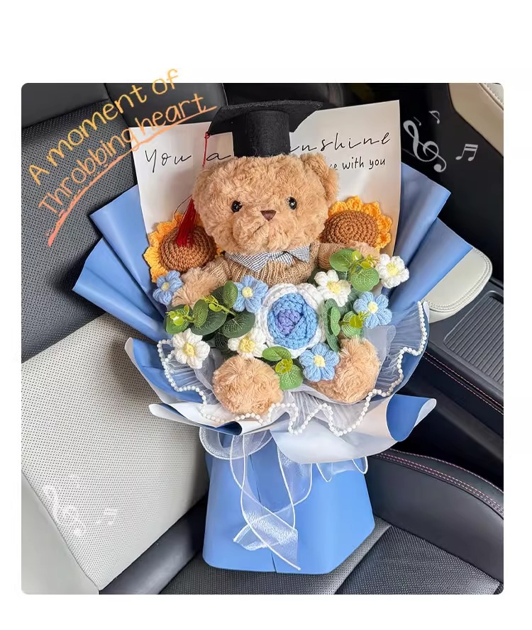 国潮创意中高考仿真向日葵玫瑰花束可爱公仔熊玩偶手捧花儿童毕业礼物详情4