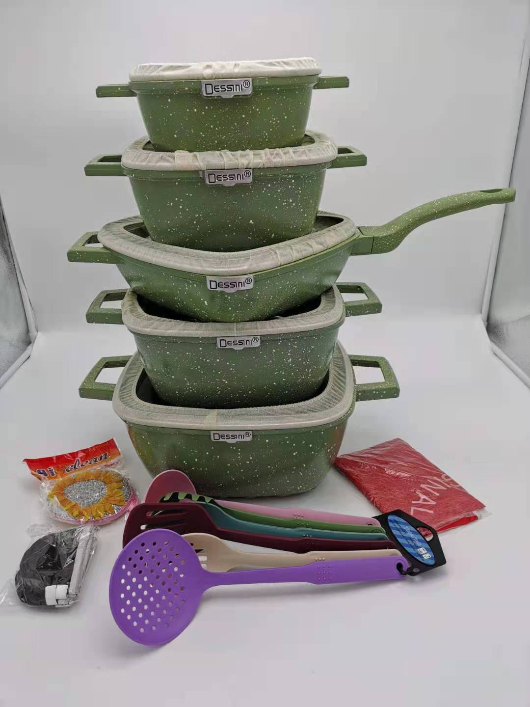 dessini25件套不粘锅方形条纹压铸铝锅麦饭石锅厨房组合锅具套装详情4