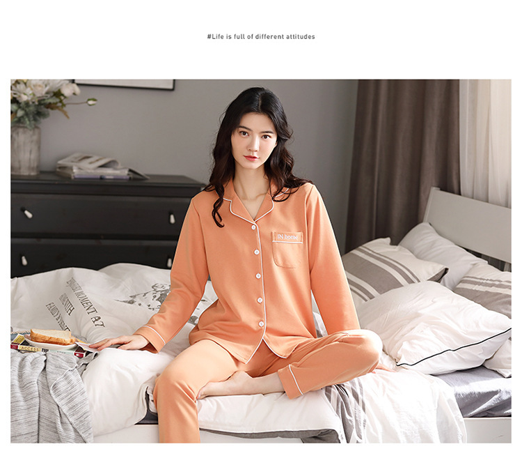 T春秋款睡衣套装纯色纯棉睡衣女士长袖开衫加大码加肥家居服外穿详情35