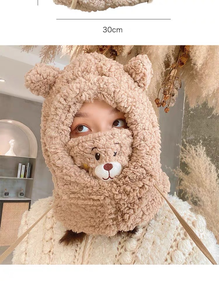 小熊帽口罩帽子围巾一体冬天女冬天骑车防寒保暖帽子女秋冬时尚帽详情3