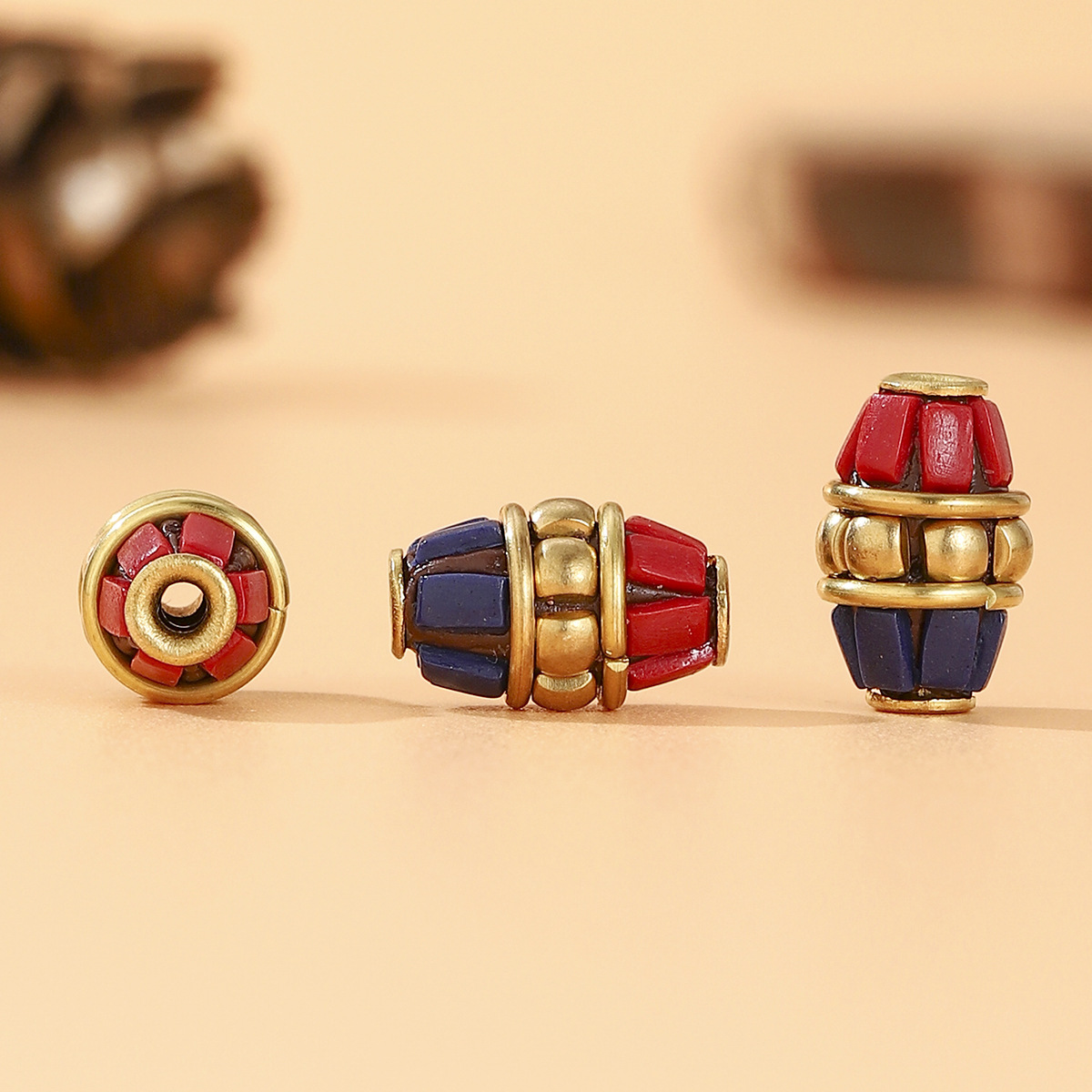 Tibetan-style Nepalese bucket beads, retro hand-inlaid red and blue contrasting copper beads DIY jewelry accessories pic 3