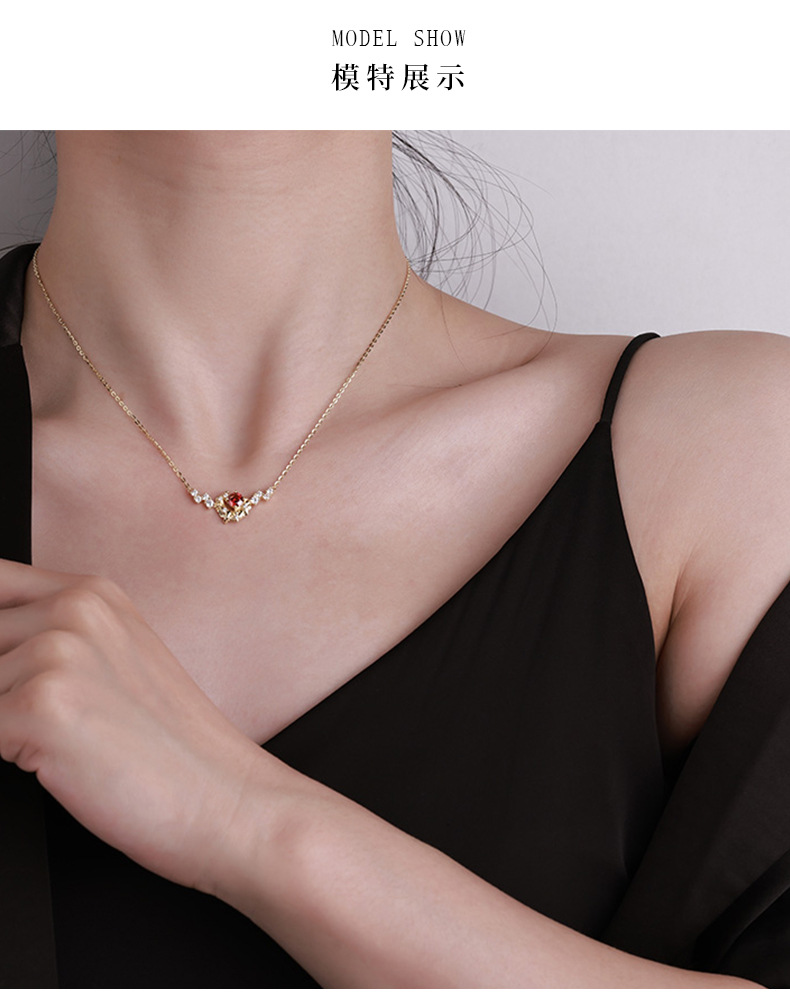 卓恒甄选S925银项饰不规则月亮镶嵌鸽血红莫桑东方复古绝美项链详情3