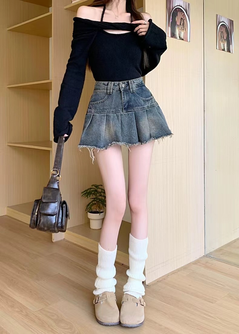 辣妹复古百褶牛仔半身裙女2024新款夏季高腰a字防走光包臀短裙子详情18