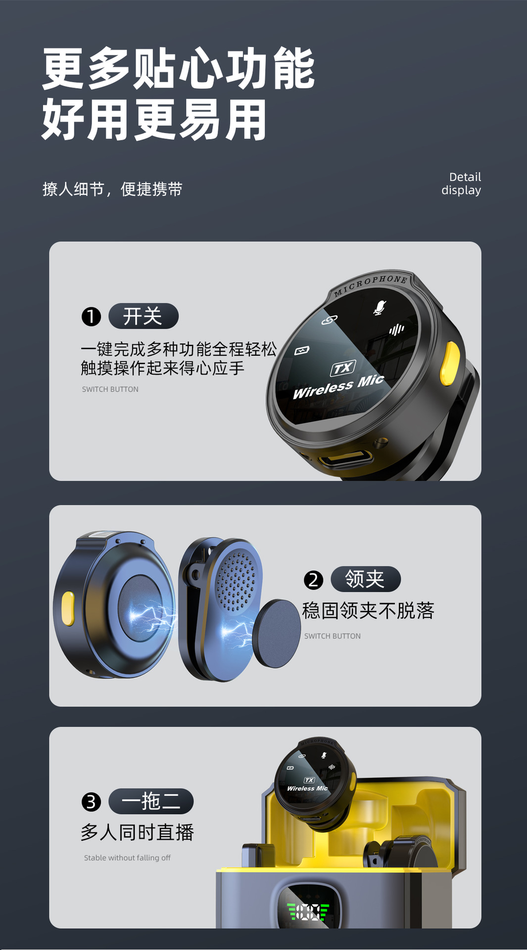 New wireless lapel microphone with digital display charging case, live video recording, noise-reducing microphone mini microphone pic 13