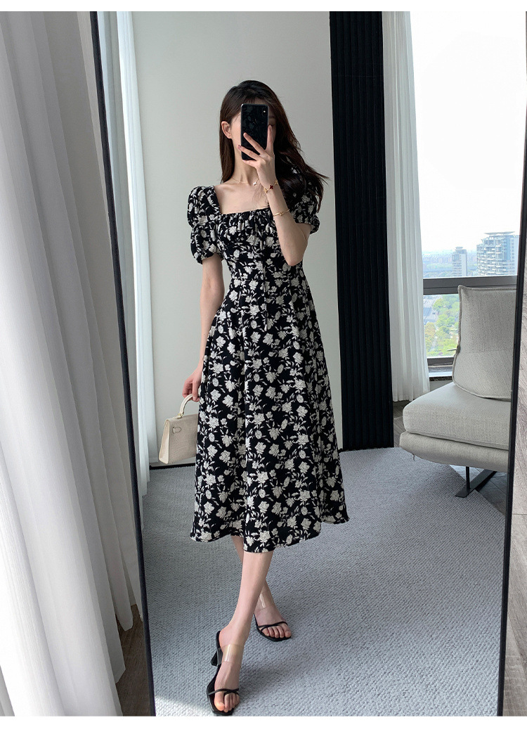 2024 New lantern-sleeved chiffon floral print dress for women, a summer style, French slit style, square neck long dress pic 6