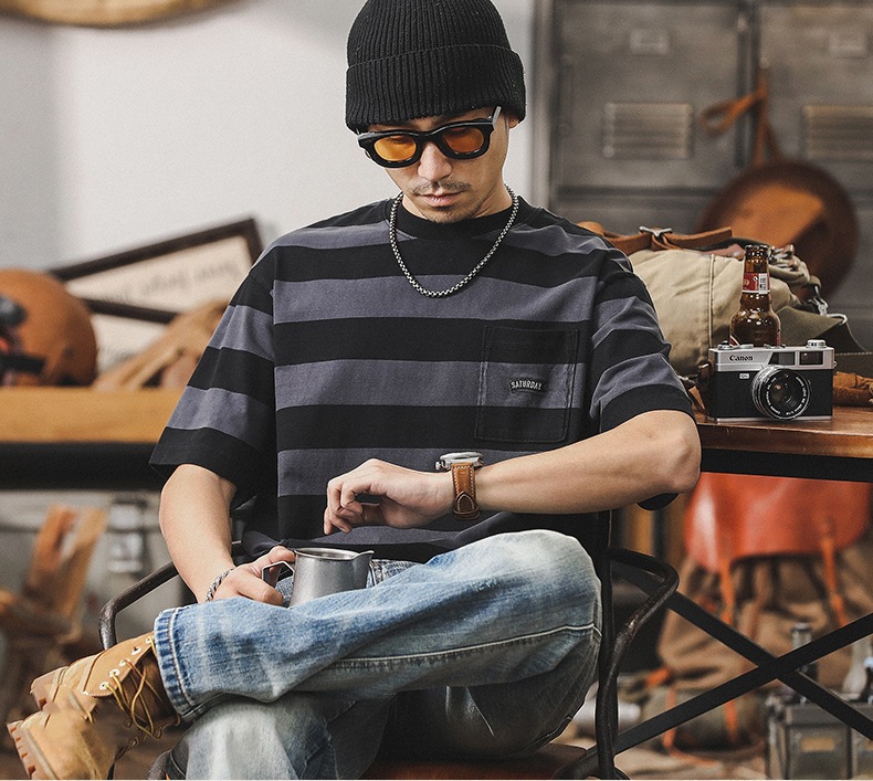 32支双纱平纹纯棉T恤男短袖夏季美式复古重磅宽松大码条纹男体恤详情17