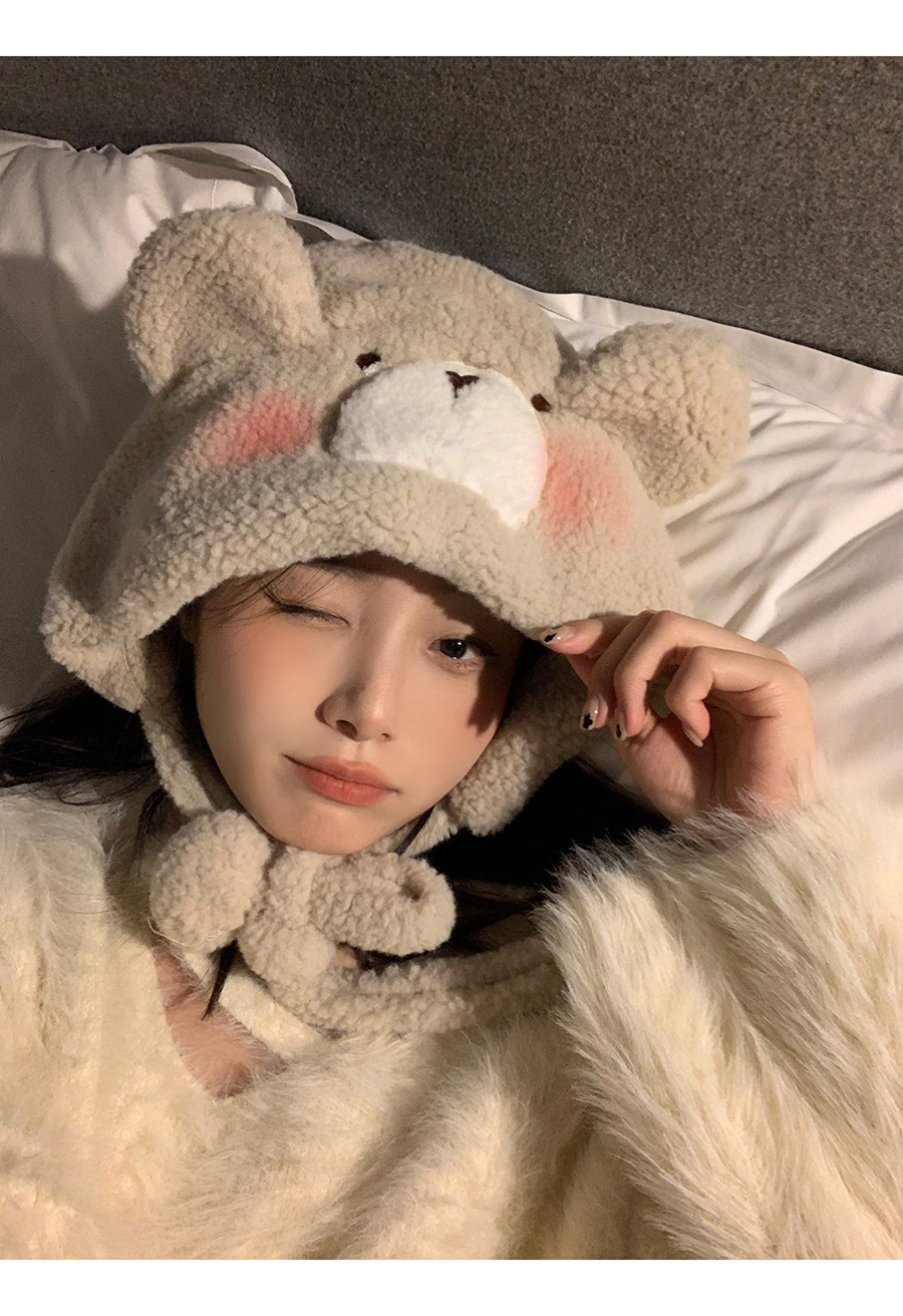 Cute blush bear hat for women, thick and warm ear-protecting hood for autumn and winter, lamb fur Lei Feng hat for cycling pic 9