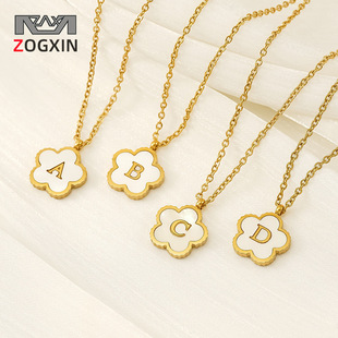 Cross-border 18K gold shell round stainless steel letter necklace, fashionable European and American titanium steel ring 26-letter pendant for women pic 3