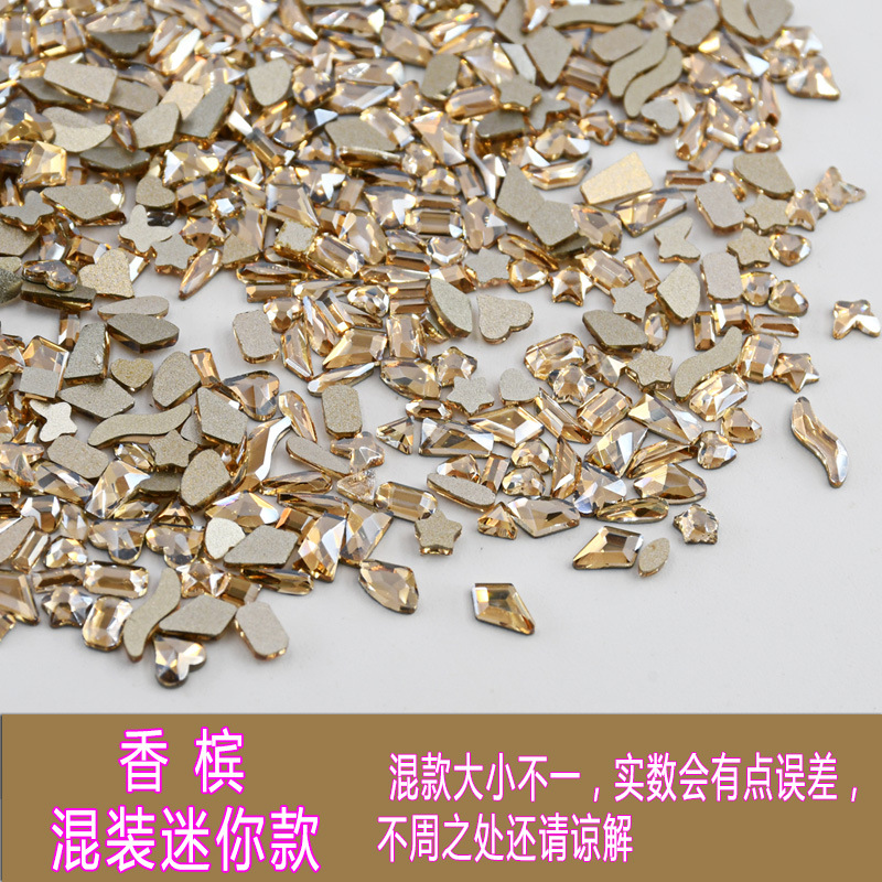 Mixed set of K9 glass super shiny mini irregular-shaped flat-bottomed diamond small white colored champagne nail drill nail accessories pic 10