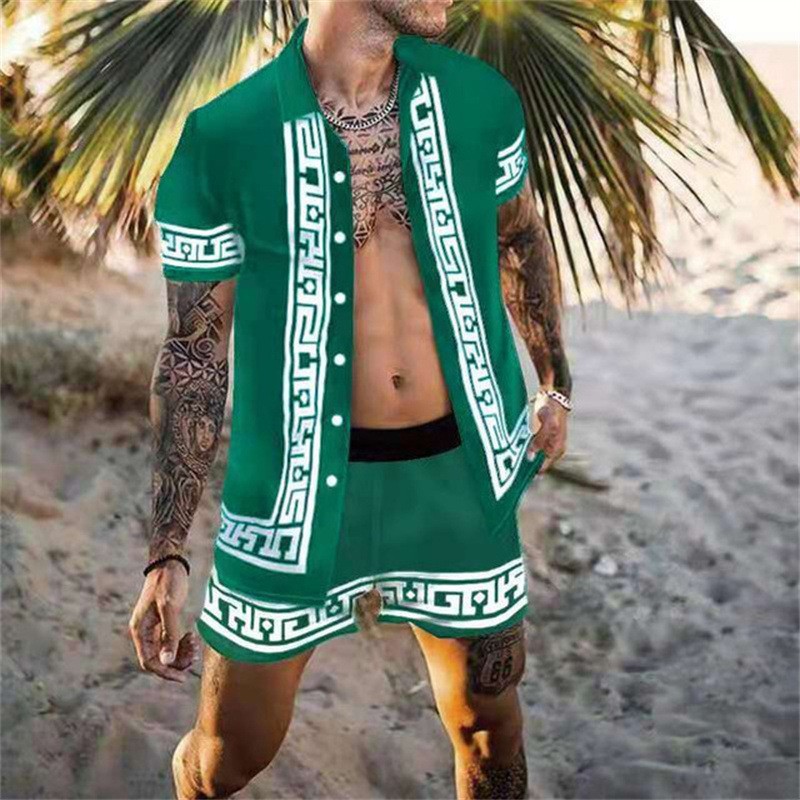 2023 Summer Independent Station Amazon European and American foreign Trade New Printed casual Loose two-piece beach suit for men pic 4