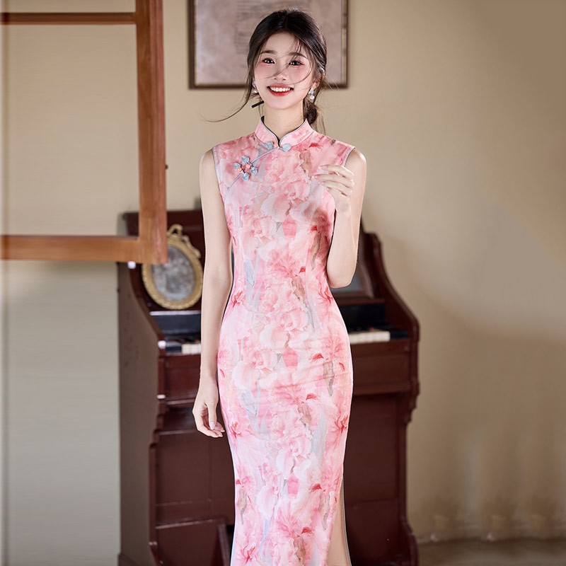 国潮粉色国风传统中式长款旗袍改良年轻款2025新款女复古修身短袖夏季详情7