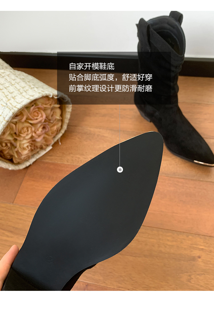 2024新款棕色切尔西反绒及踝靴中筒褶皱靴尖头粗跟短靴子女秋冬季详情9