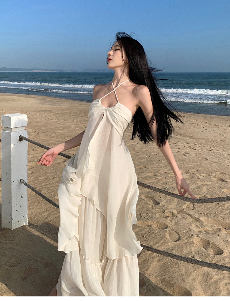 海边度假裙套装纯欲在逃公主超仙露背吊带裙+褶皱大摆半身裙仙女详情1