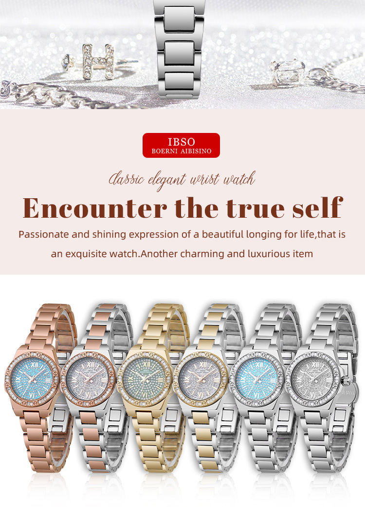 The new IBSO women's quartz watch with a steel band and diamond setting, a fashionable wristwatch, rose gold water-resistant small dial, is a cross-border bestseller pic 10
