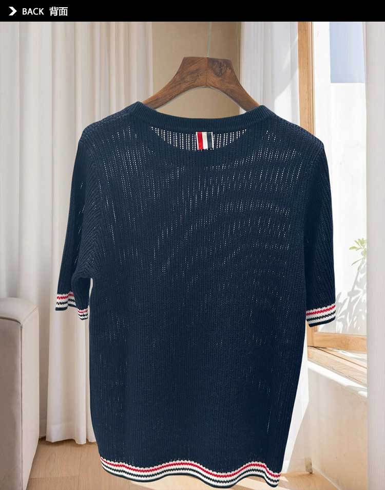 TB精品现货 减龄学院风舒适亲肤竖坑条镂空红蓝绢丝棉短袖针织衫详情9