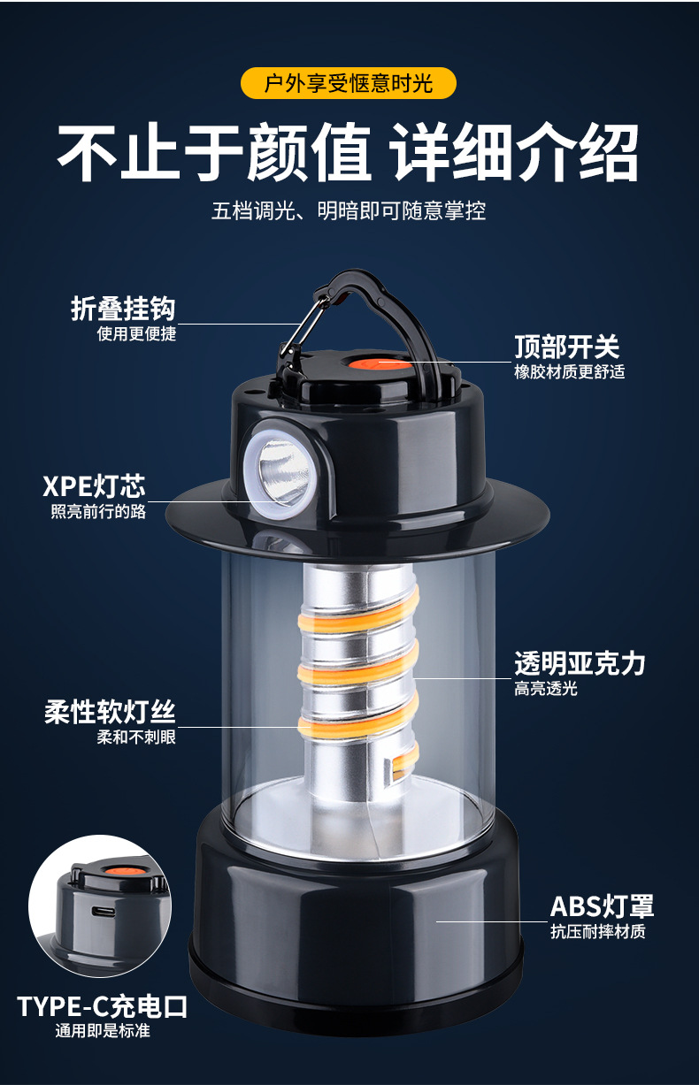 2025跨境新款LED户外氛围照明野营灯长续航双螺旋多功能露营灯详情4