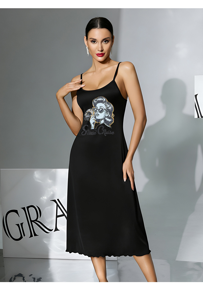 Milk silk skin-friendly halter long dress for women. Multiple patterns to choose from. Printed black and white ear trim. Home wear and sleeping dress 930 pic 15