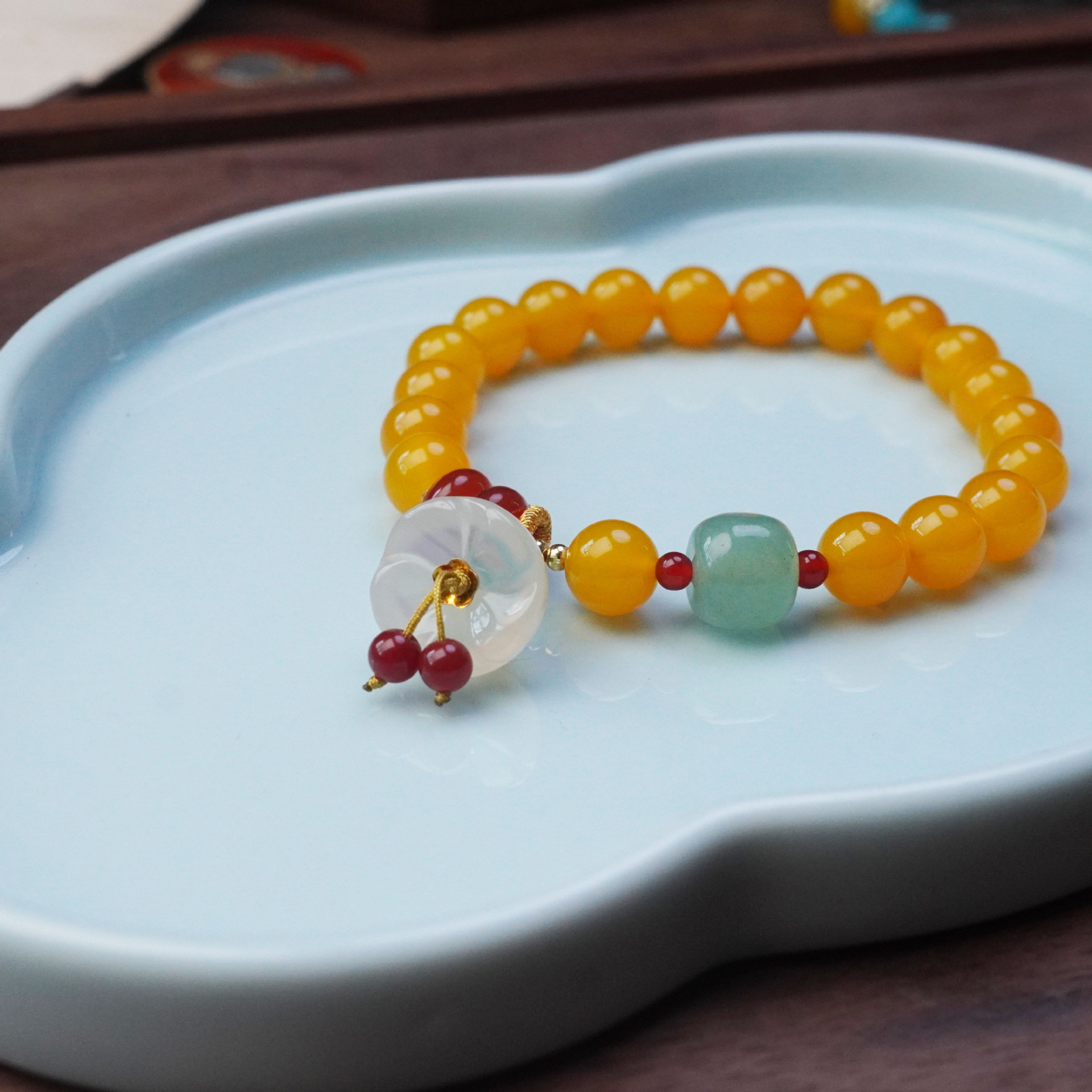 新中式天然黄玛瑙水晶手串莲蓬甜美花朵平安扣吊坠女手链串珠饰品详情6