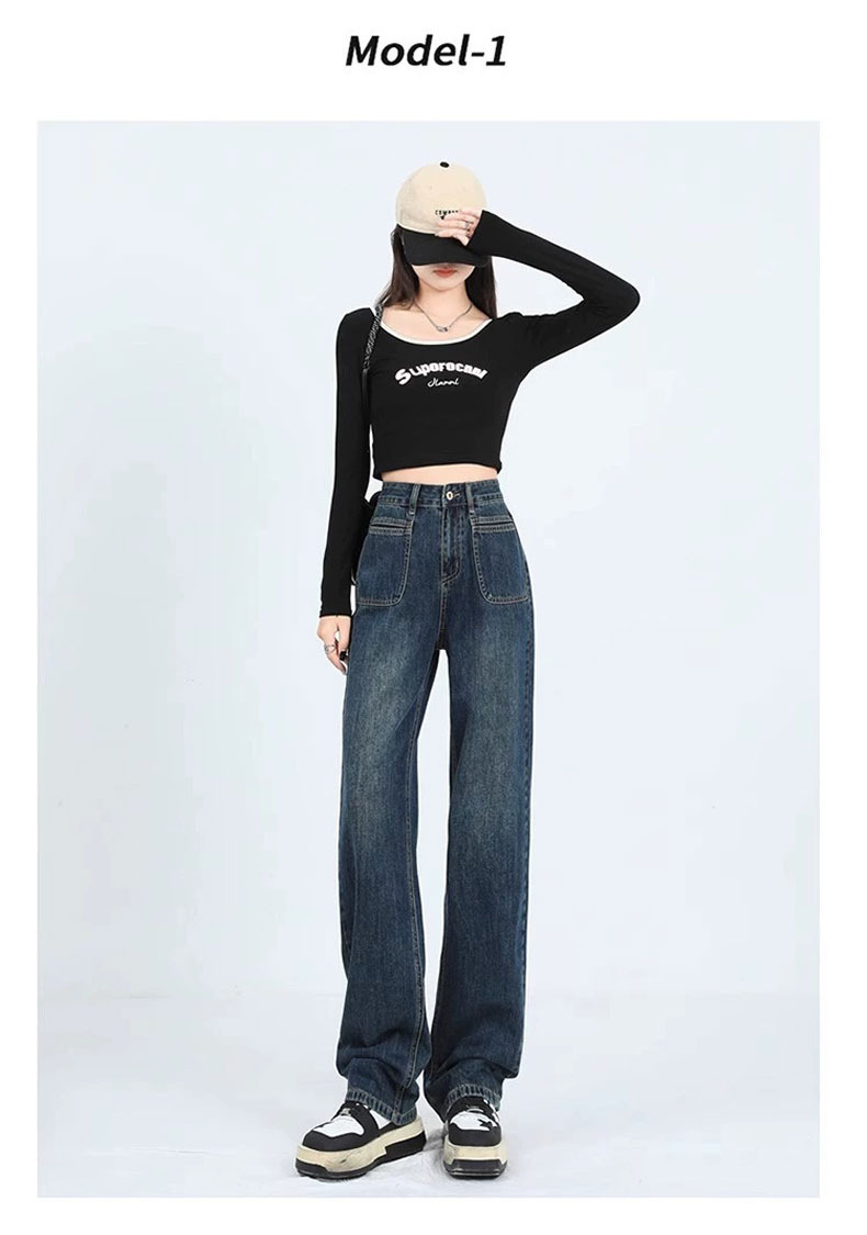 复古窄版阔腿牛仔裤女2024新款春秋高腰直筒宽松小个子垂感拖地裤详情5