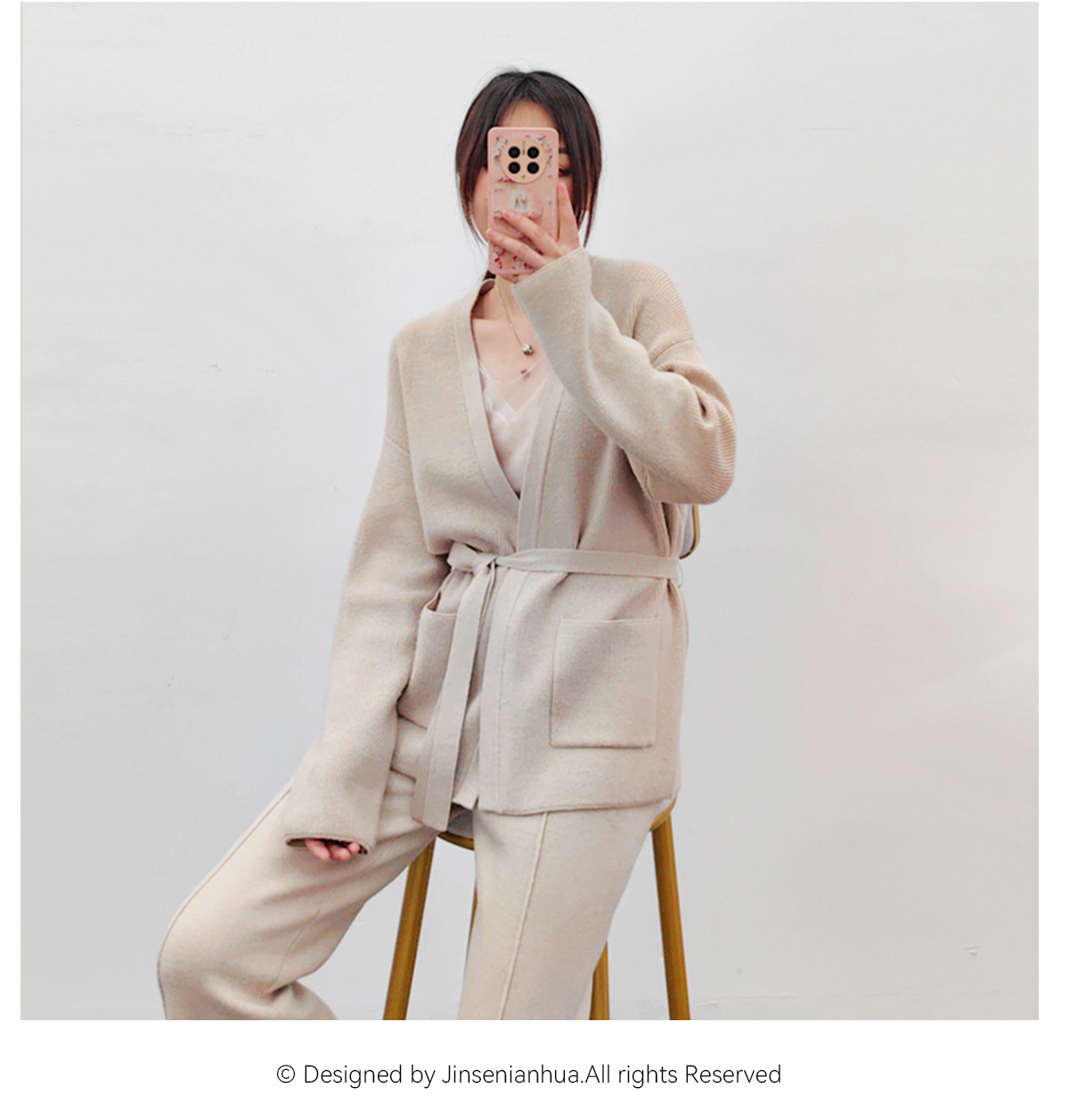 New autumn and winter style belt-knitted, stylish and slimming wool sweater coat for women, Korean loose mid-length V-neck cardigan pic 9