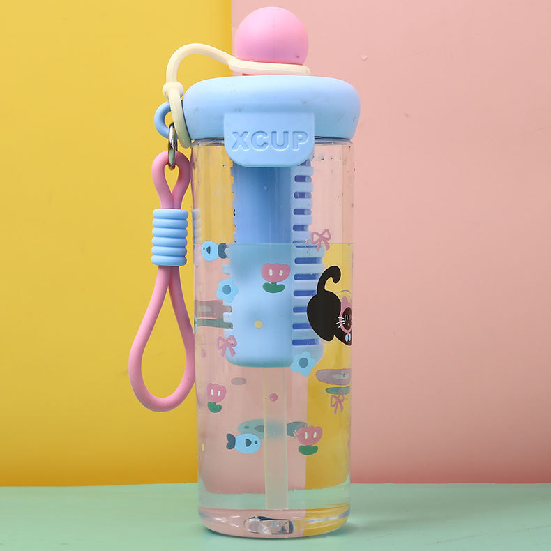 2024 New cartoon large-capacity straw cup, tea-water separation brewing cup, outdoor sports plastic water cup with handle rope pic 6