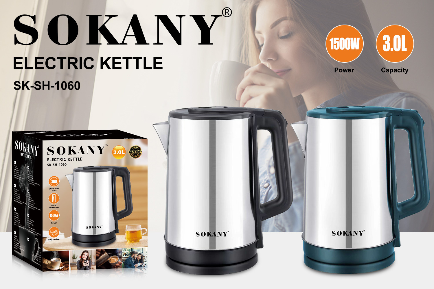 Foreign trade SOKANY1060 Electric KETTLE, 3L boiling kettle, household automatic power-off stainless steel kettle pic 2