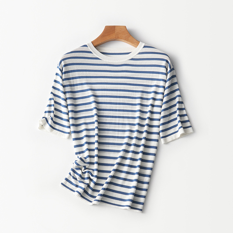 2025夏季新款时尚条纹显瘦简约圆领短袖t恤女百搭宽松套头上衣详情6