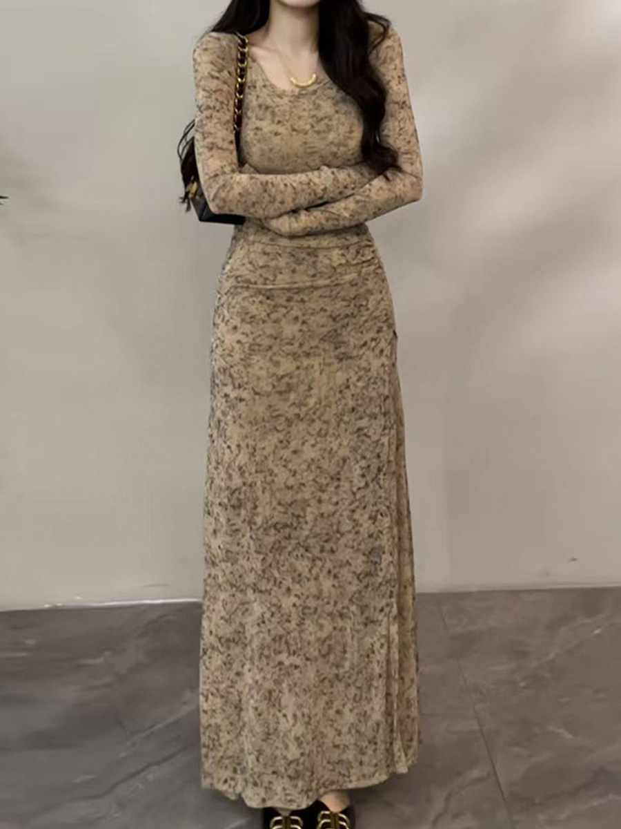 大婷婷 早秋新款长袖扎染连衣裙极简风裙子修身复古长裙详情4