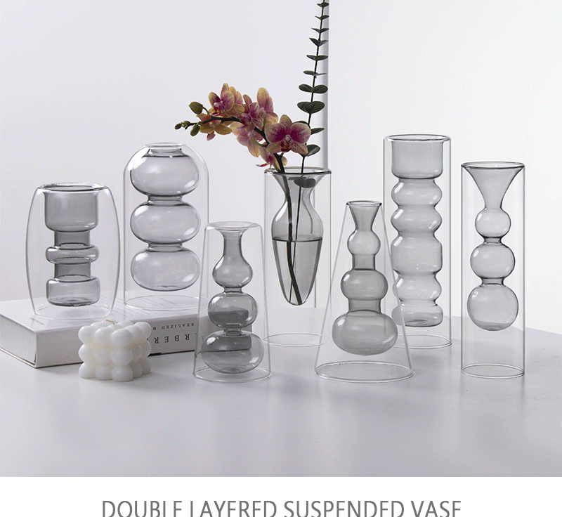 Colored double-layer glass vase, flameless glass art aromatherapy bottle, transparent vase, hydroponic restaurant table decoration pic 4