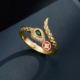 A niche high-end gold brushed snake opening ring, copper alloy, real gold electroplated with zircon, adjustable ring pic 4