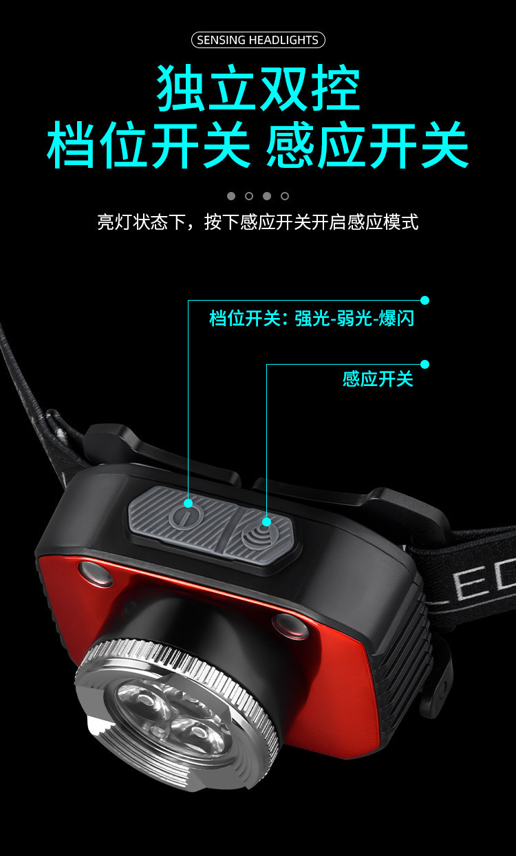 新款强光头灯轻便型户外强光远射头灯三光源头灯便携挥手感应头灯详情9