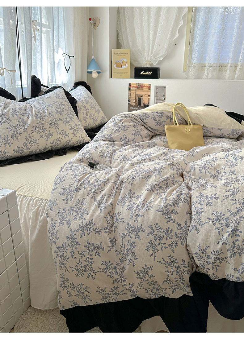 French romantic princess-style lace washed cotton four-piece set, small floral skin-friendly quilt cover, dormitory three-piece set, bed skirt style pic 21