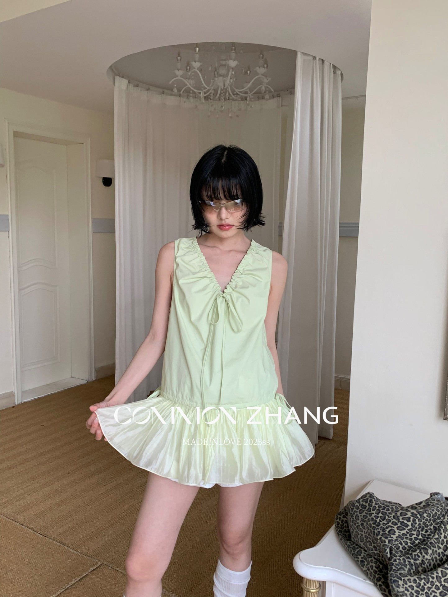 CZ ZHANG Summer French mint Manbo V-neck lace-up Youthful A-line puffed vest dress for women, B23782 pic 11